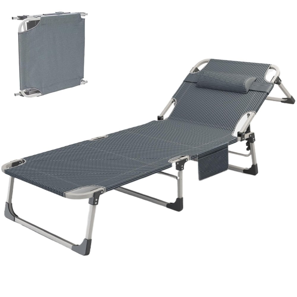 Camp Beds for Adults Foldable with Pillow, Folding Camping Cot for Adults, Outdoor Chaise Lounge with 5-Position Adjustable Backrest for Home Office Yard Garden