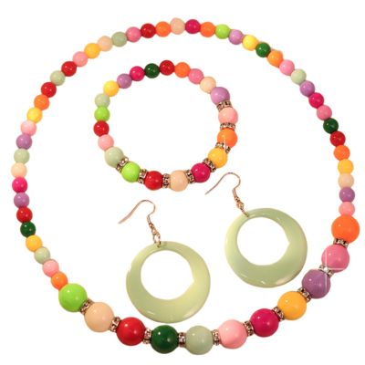 3Pcs Colorful Acrylic Round Beaded Necklace Bracelet Earrings Set Vintage Lightweight Resin Neon Beads Choker Necklace Geometric Statement Necklace for Women 70S 80S Costume Party Jewelry-Colorful