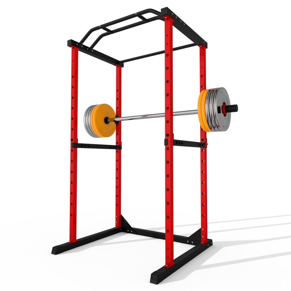 DEFNES Power Cage Squat Rack, 1200 Lb Weight Capacity, Squat Machine With Double Bars, 45 X 46 X 82 Inches, It'S Made Of High-Strength Steel For Home Gym Workout Equipment, Black. (Red)