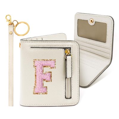 COSHAYSOO Preppy Wallet Gifts for Teen Girls Women Small Wallet RFID Bifold PU Leather Christmas Valentines Easter Mothers Fathers Day Nurse Appreciation Graduation Gifts Chenille Letter F Cream