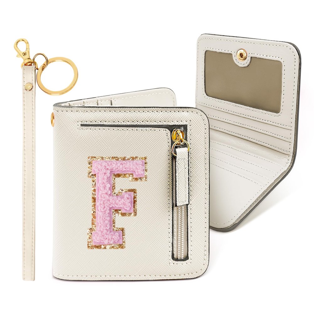 COSHAYSOO Preppy Wallet Gifts for Teen Girls Women Small Wallet RFID Bifold PU Leather Christmas Valentines Easter Mothers Fathers Day Nurse Appreciation Graduation Gifts Chenille Letter F Cream