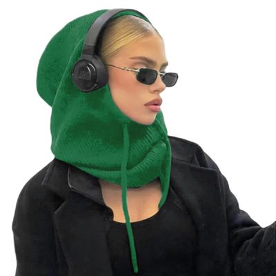 Winter Balaclava Hats for Women Men Unisex Knitted Hooded Scarf Hat Outdoor Neck Warmer Drawstring One-Piece Beanie Cap Green