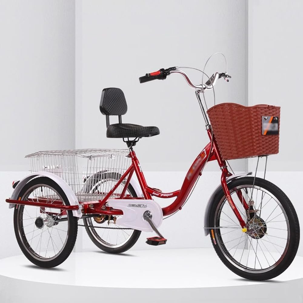 MegLob 20IN Adult Tricycle Bike, Three-Wheeled Cruise Trike with Large Shopping Basket, 3 Wheel Cargo Tricycle for Seniors, 1 Speed Trike Rickshaw Bike for Adults with Removable Baskets,Red pro