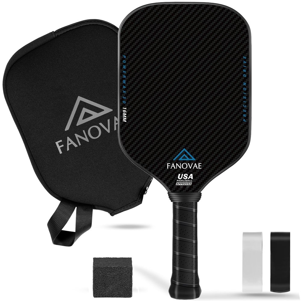 Fanovae Carbon Fiber Pickleball Paddle, 3K Raw Carbon Fiber Surface, CAS, High Grit & Spin, 16MM PP Honeycomb Core, Ideal for Novice and Pro, Includes Paddle Cover&Eraser, Fanovae POWERMAX 3D