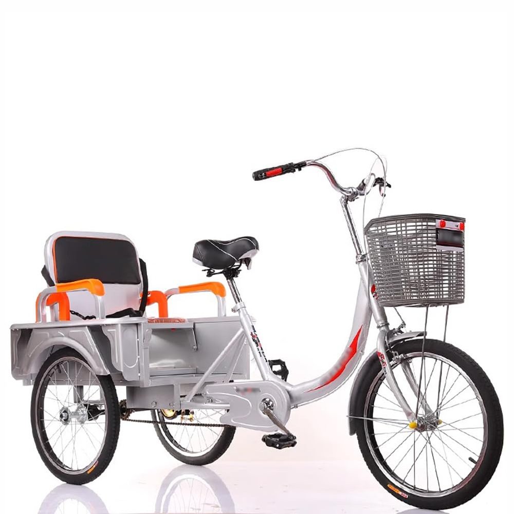 MegLob 20IN Adult 3 Wheeled Tricycle Bike, 2 in 1 with Basket & Backrest Seat, Cruiser Cargo Trike for Seniors, Low Step-Through Carbon Steel Frame, 3 Wheel Bicycles Cruise Bike, Silver