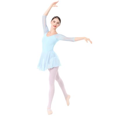 AFAVOM Ballet Leotards for Women Ballet Dance Dress Adult Lyrical Dance Costume Sheer Mesh Sleeves Skirted Leotards Elegant Classic Gymnastics Leotards Bodysuit Ballerina Dancewear Dress Blue M