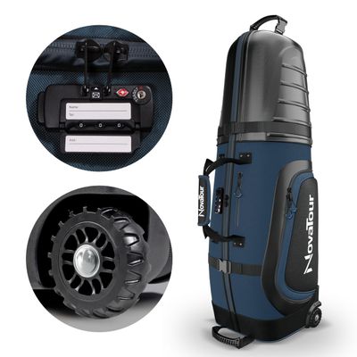 NovaTour Golf Travel Bag for Airlines: Hard Case Top, Waterproof Zippers, 1680D Oxford Fabric, Built-in TSA Lock, Oversized Tank Wheels, Lightweight  Maximum Club Protection (Blue)