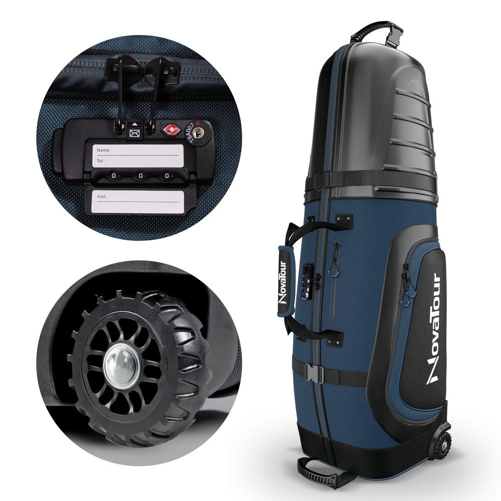 NovaTour Golf Travel Bag for Airlines: Hard Case Top, Waterproof Zippers, 1680D Oxford Fabric, Built-in TSA Lock, Oversized Tank Wheels, Lightweight  Maximum Club Protection (Blue)