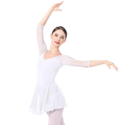 AFAVOM Ballet Leotards for Women Ballet Dance Dress Adult Lyrical Dance Costume Sheer Mesh Sleeves Skirted Leotards Elegant Classic Gymnastics Leotards Bodysuit Ballerina Dancewear Dress White S