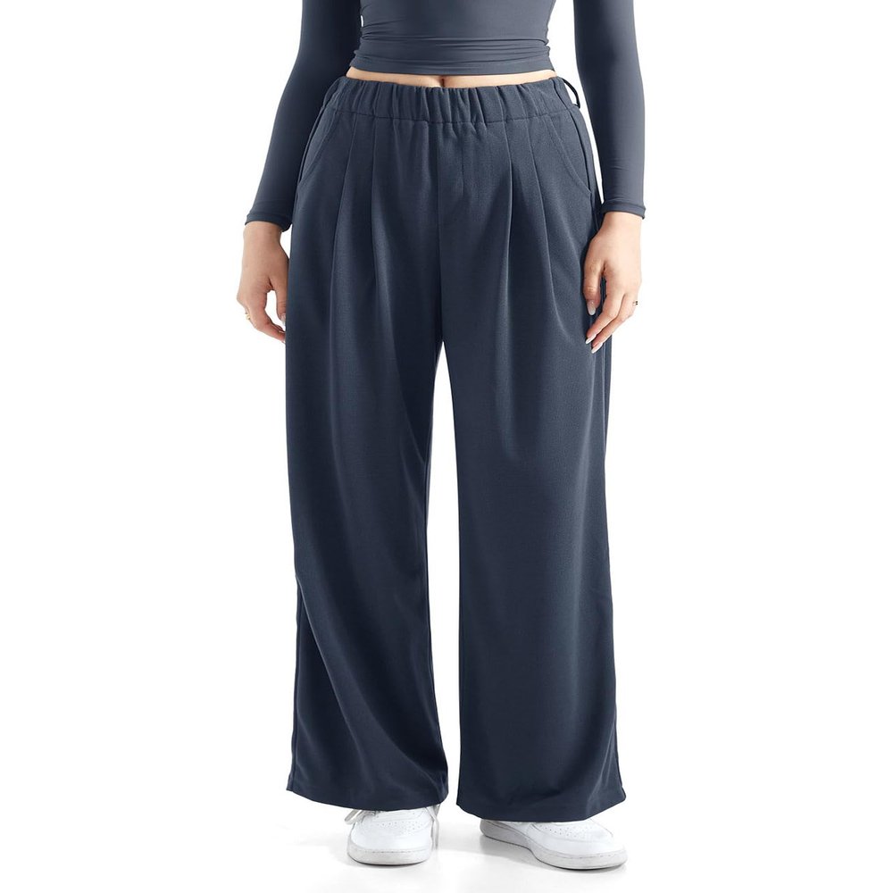 SUUKSESS Women Wide Leg Pants Elastic High Waisted Work Pants Flowy Palazzo Trouser Pants (Navy, XS)