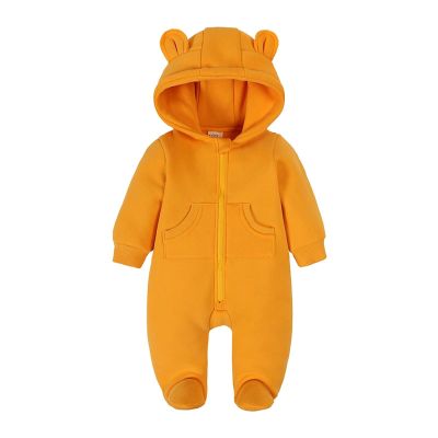 Newborn Baby Cartoon Bear Snowsuit Winter Coat Fleece Long Sleeve Zipper Hooded Romper Jumpsuit Christmas Outfit (A-Orange, 12-18 Months)