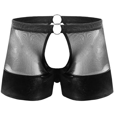 Men's See Through Under Role Play Costume Boxer Briefs Cut Out Panties with Metal O Ring Outfits Set Black