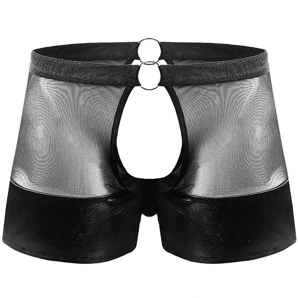 Men's See Through Under Role Play Costume Boxer Briefs Cut Out Panties with Metal O Ring Outfits Set Black