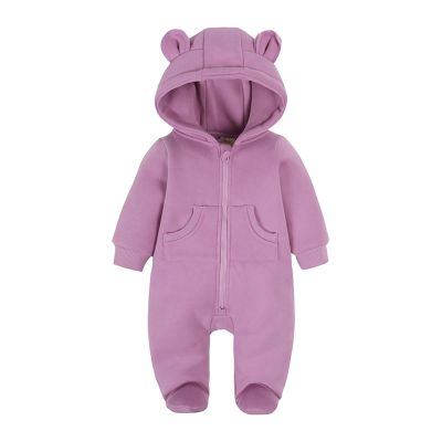 Newborn Bear Warmer Snowsuit Cotton Fleece Hooded Romper Jumpsuit Long Sleeve Xmas Clothes for Baby Girls Boys (Purple, 12-18 Months)