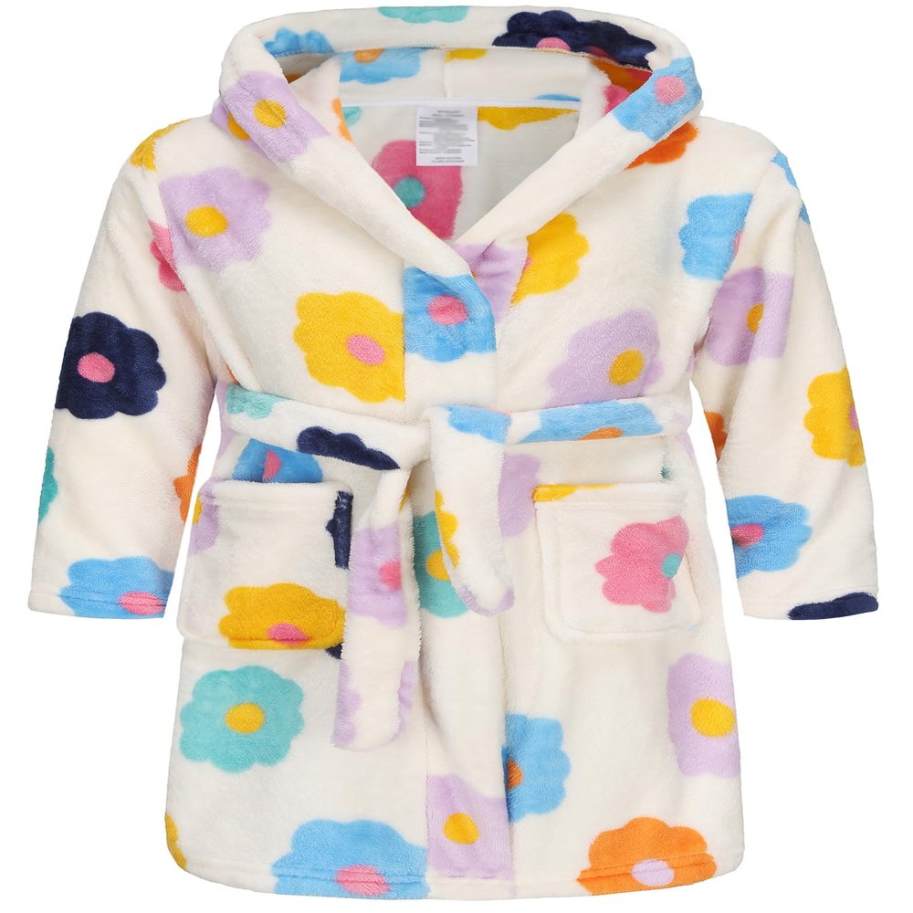 BTPEIHTD Kids Hooded Bathrobe Girls Soft Plush Hooded Flannel Pajamas Sleepwear Boys Spa Robe Rainbow Flower 3-4 Years