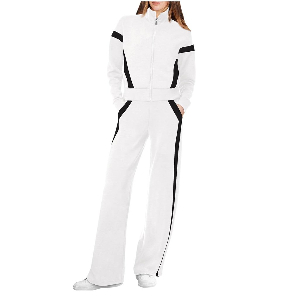 Women's Athletic Clothing Sets, Sweat Suits for Womens 2 Piece Long Sleeve Zip Up Sweatshirts Tracksuits Lounge Sets White