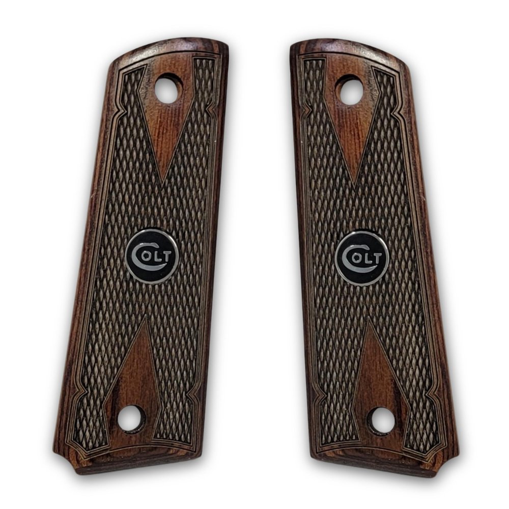 1911 Colt Rosewood Double Diamond Checkered Full Size Grips w/Black Colt Medallions