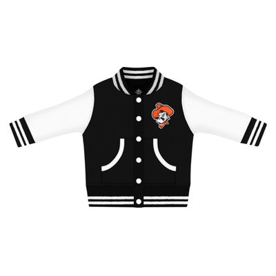 Creative Knitwear College Baby NCAA Officially Licensed Letterman Varsity Jacket - Oklahoma State Orange Hat Logo - Black - 4T