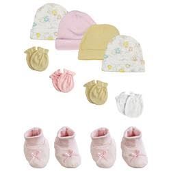 Bambini NC-0208 Baby Girl Caps with Infant Mittens & Booties White & Pink - Preemie - Pack of 10