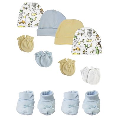 Bambini NC-0210 Baby Boy Caps with Infant Mittens & Booties White & Blue - Preemie - Pack of 10