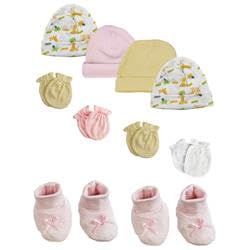 Bambini NC-0215 Baby Girl Caps with Infant Mittens & Booties White & Pink - Preemie - Pack of 10