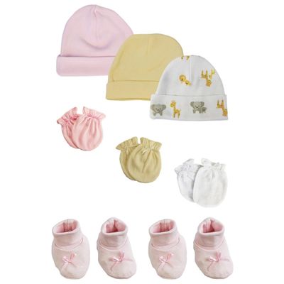 Bambini NC-0225 Baby Girl Caps with Infant Mittens & Booties White & Pink - Preemie - Pack of 8