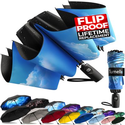 TUMELLA Inverted Windproof Umbrella, Large, Strong & Light, Portable and Automatic Reverse Folding Rain Umbrella, Durable Premium Grip, Fits Car & Backpack