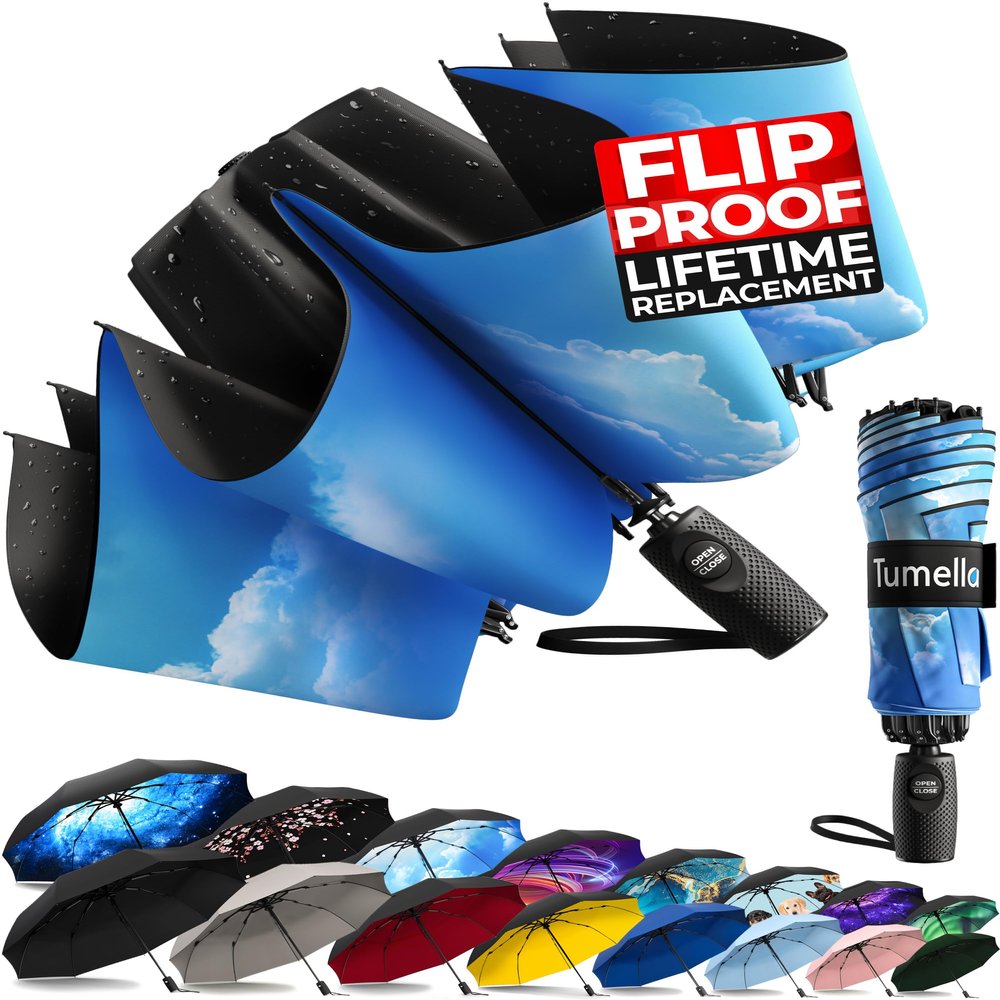 TUMELLA Inverted Windproof Umbrella, Large, Strong & Light, Portable and Automatic Reverse Folding Rain Umbrella, Durable Premium Grip, Fits Car & Backpack