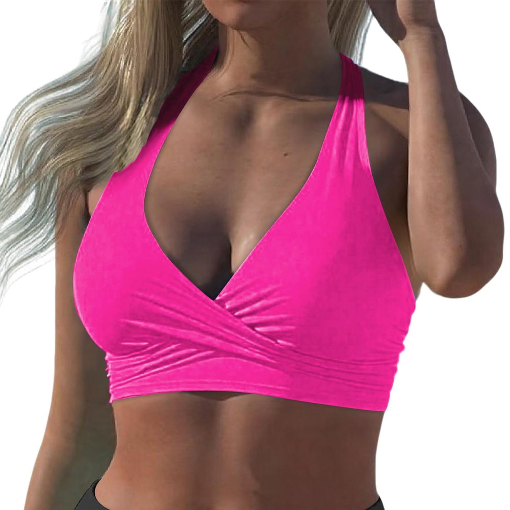 Hilor Women's Bikini Top Halter V Neck Swimsuit Flattering Bathing Suit Underwire Swim Tops Hot Pink 8-10