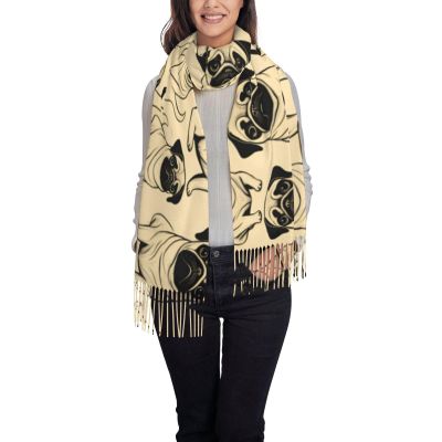 DRTGEDS Cute Pug Dog Sweet Print Women'S Super Soft Classic Cashmere Winter Fringed Scarf For Spring Fall Winter