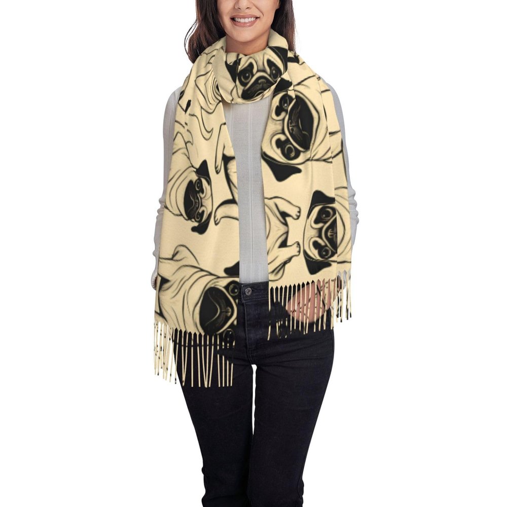 DRTGEDS Cute Pug Dog Sweet Print Women'S Super Soft Classic Cashmere Winter Fringed Scarf For Spring Fall Winter