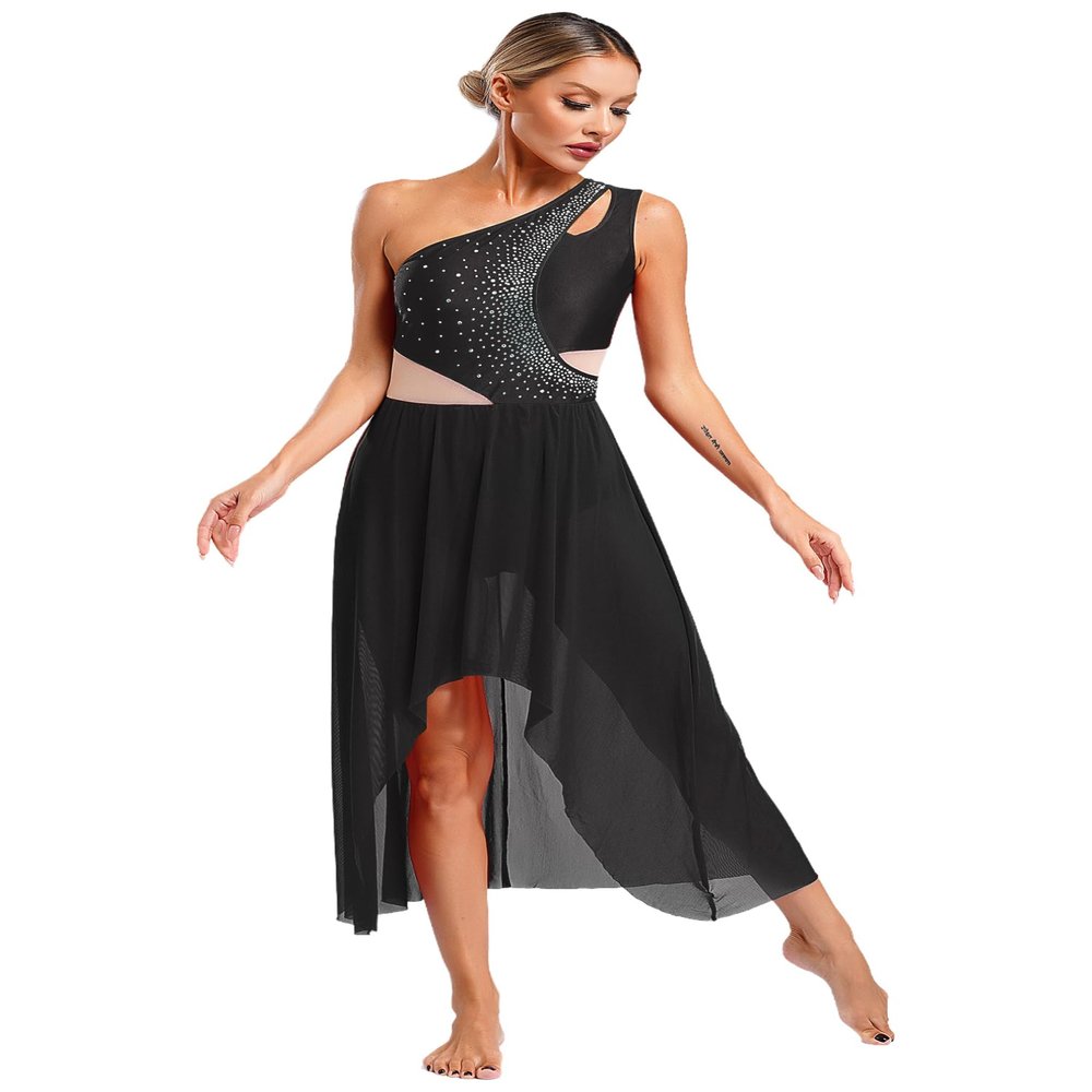 FEESHOW Women's Lyrical Dance Costume Shiny Rhinestones High Low Flowy Maxi Dress Contemporary Dancewear Black Small