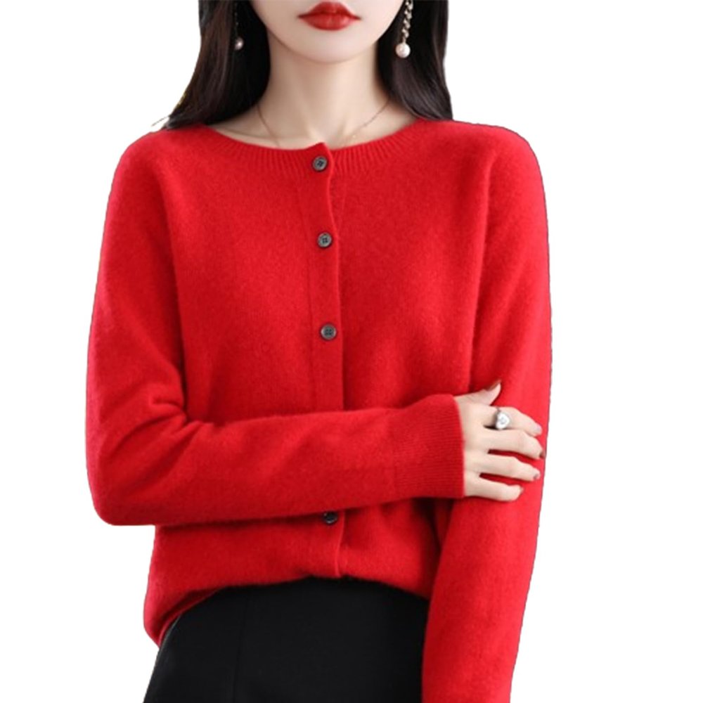 LBHGRMF Women's Cashmere Button Front Long Sleeve Cardi, Red, Small