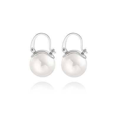 14mm Big Pearl Drop Earrings, Simple Silver Huggie Hoop Earrings, Dainty Wedding Jewelry for Bridal