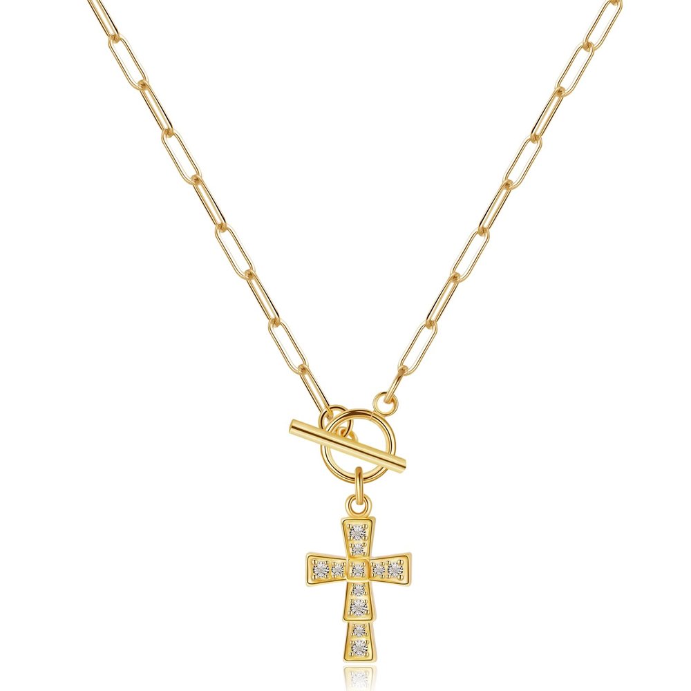 ELKEYE Versatile Luxury OT-Clasp Clavicle Necklace for Women 18K Gold-Plated with Micro-Pav Zircon Heart & Cross Pendant