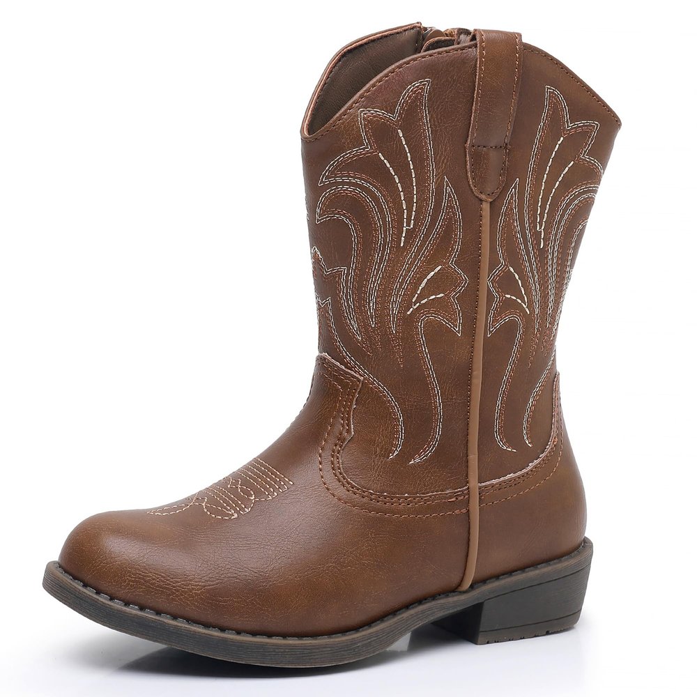 Ahannie Girls Cowboy Boots  Classic Western Embroidery Cowgirl Boots with Side Zipper (Toddler/Little Kid/Big Kid)(Brown-10 Toddler)