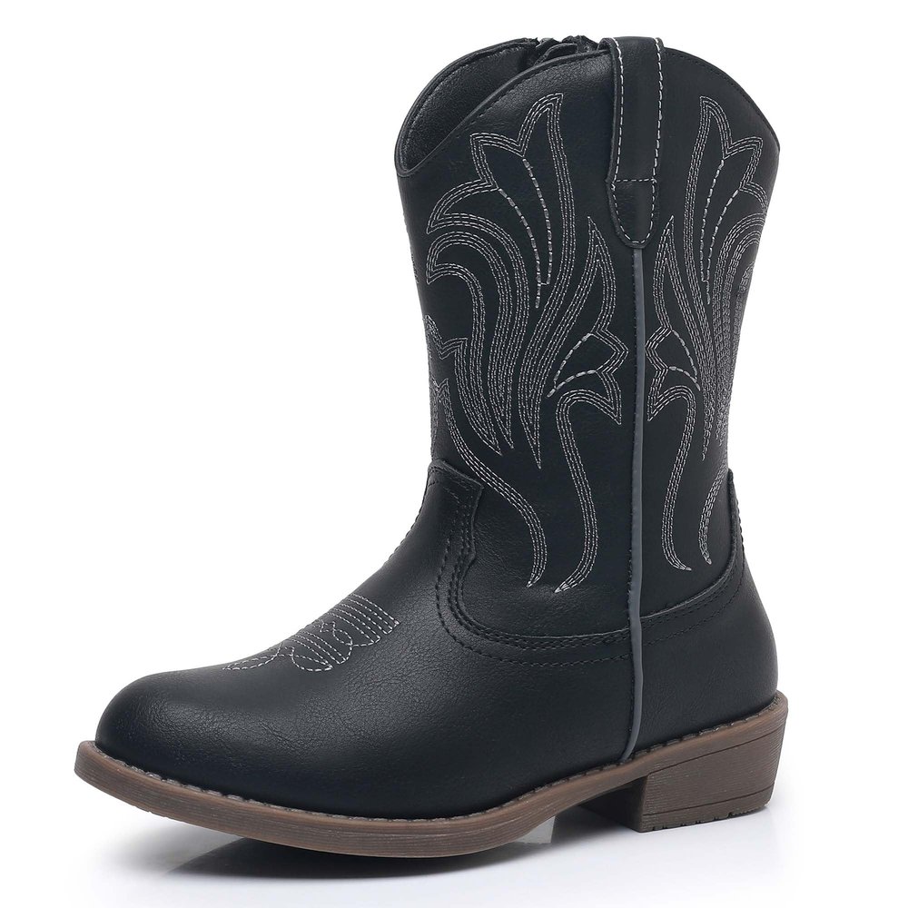 Ahannie Girls Cowboy Boots  Classic Western Embroidery Cowgirl Boots with Side Zipper (Toddler/Little Kid/Big Kid)(Black-8 Toddler)