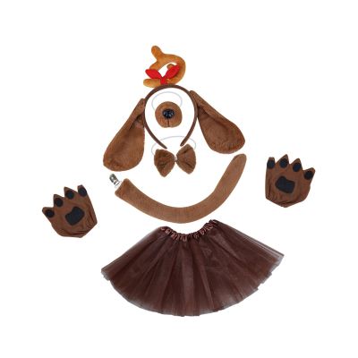 Vaveren Dog Costume Set Decorative Puppy Dog Headband tie Tail Nose Gloves Skirt, Brown Bone