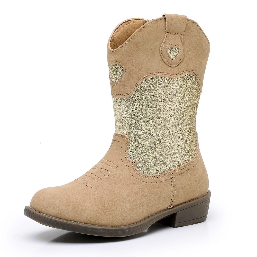 Ahannie Girls Glitter Cowboy Boots  Sparkly Western Cowgirl Boots with Side Zipper (Toddler/Little Kid/Big Kid)(Light Brown/Glitter-5 Big Kid)