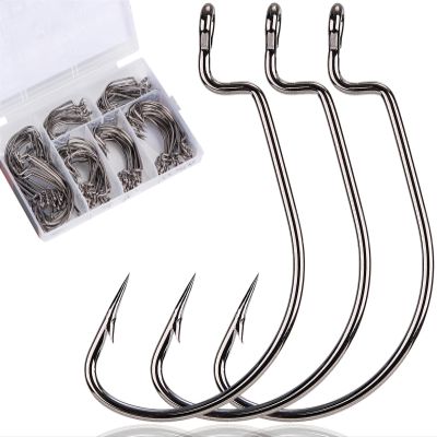FINOSEAK 120Pcs Bass Hooks Set, Strong Offset Bass Fishing Hooks Freshwater Barbed Sharp Worm Hooks for Texas Rigging Fishing Extra Wide Gap 6 Sizes Assorted #1 1/0 2/0 3/0 4/0 5/0