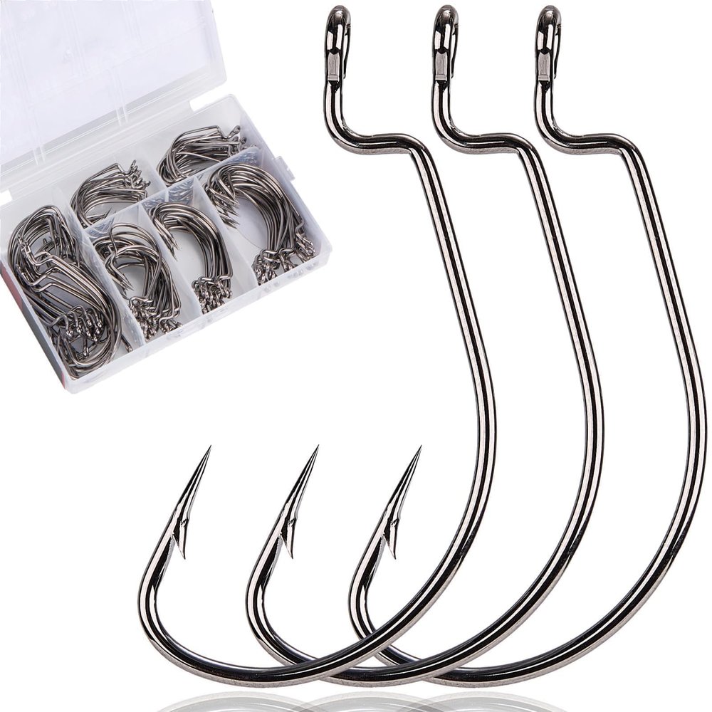 FINOSEAK 120Pcs Bass Hooks Set, Strong Offset Bass Fishing Hooks Freshwater Barbed Sharp Worm Hooks for Texas Rigging Fishing Extra Wide Gap 6 Sizes Assorted #1 1/0 2/0 3/0 4/0 5/0