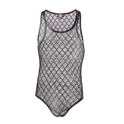 Men's See Through Fishnet Leotard One Piece Sleeveless Tank Top Bodysuit Nightwear Black