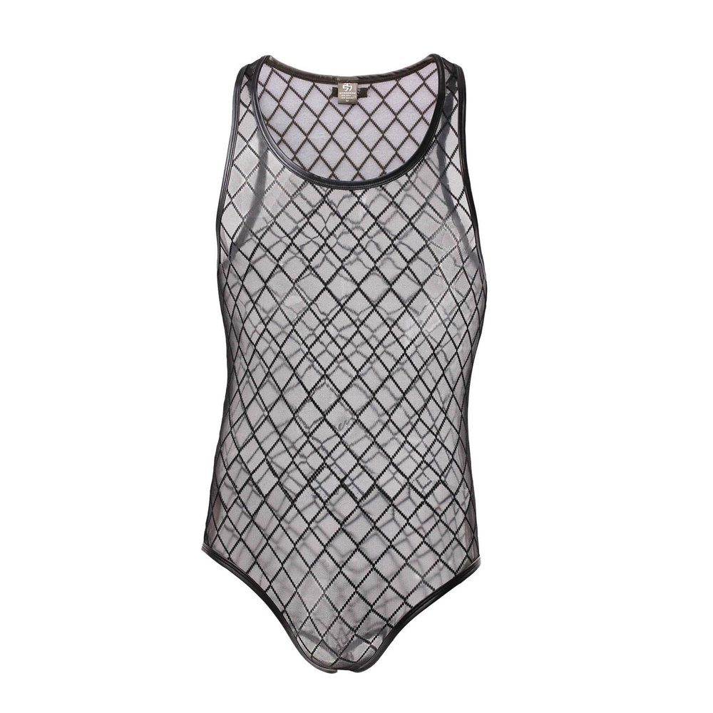 Men's See Through Fishnet Leotard One Piece Sleeveless Tank Top Bodysuit Nightwear Black