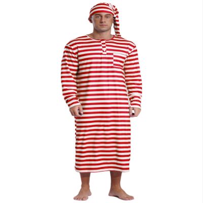 Alvivi Men's Christmas Striped Robe Pajamas Set Long Sleeve Nightshirt Sleeping Cap with Pom Balls Red Medium