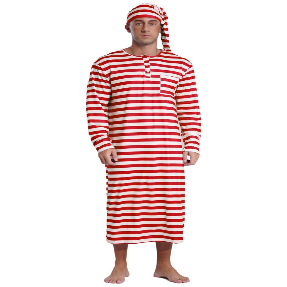 Alvivi Men's Christmas Striped Robe Pajamas Set Long Sleeve Nightshirt Sleeping Cap with Pom Balls Red Medium