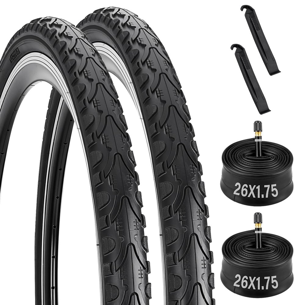 2 Pack 26X1.75 Bicycle Tire, Folding 26X1.75 Bike Tires and Tubes Set with Schrader Valve and 2 Tire Levers, Replacement for Bicycle Tires 26 x 1.75 26x1.95 26x2.0 Road/MTB Bike