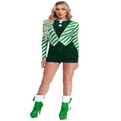 winying Women Christmas Dance Costume Long Sleeve Figure Skating Gymnastics Leotard Candy Cane Costume Green 3X-Large