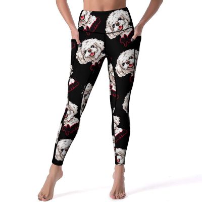 Bichon Frise Mama Women's Yoga Pants High Waist Leggings Casual Pants with Pockets for Yoga Gym Workout L