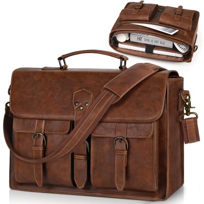 RAINSMORE Messenger Bag for Men 18 Inch Vintage Leather Laptop Briefcase Large Laptop Bag Waterproof Computer Satchel for Office Work Travel College, Brown