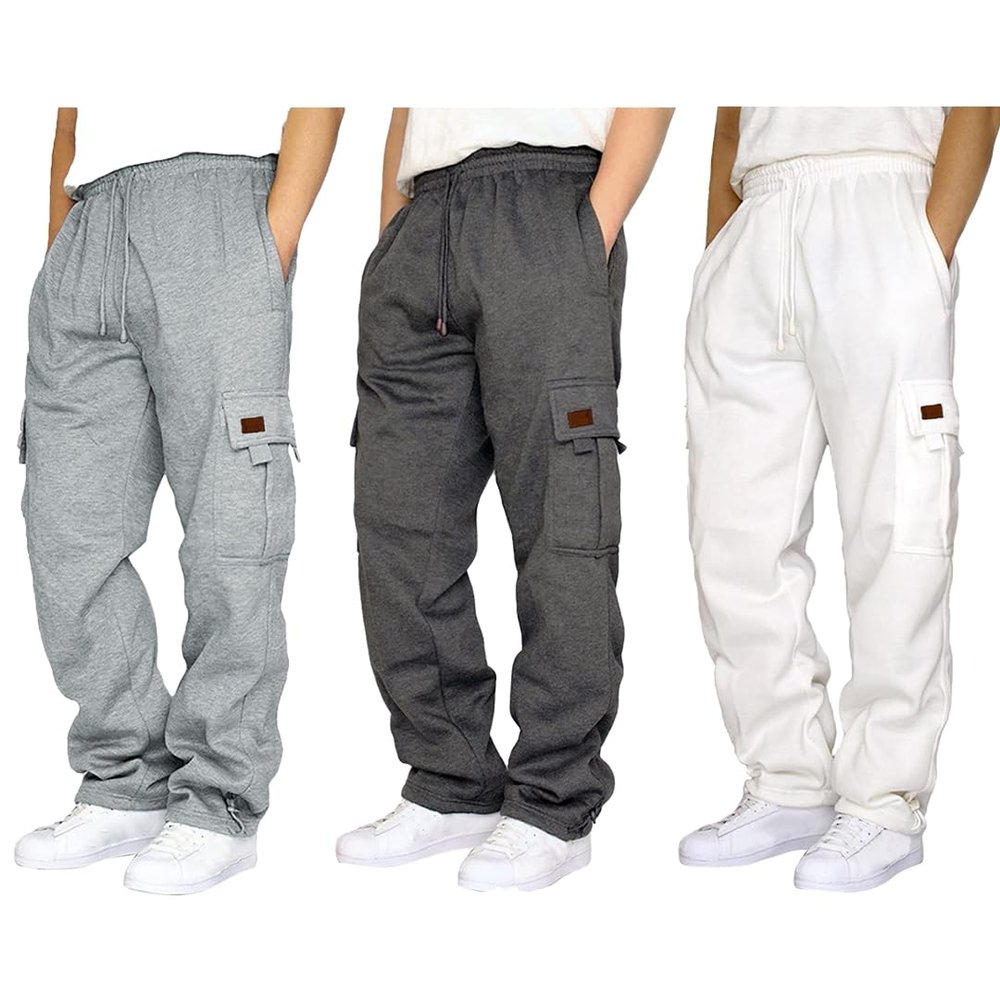 3 Pack Mens Sweatpants with Pockets, Baggy Elastic Waist Sweat Pants Loose Straight Leg Fleece Lounge Pants Jogger Pants Trousers